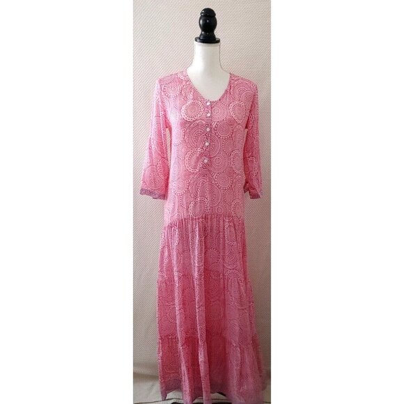 BELL By Alicia Bell Pink Tiered Maxi Dress Roll Tab Sleeves Button Front Size XS